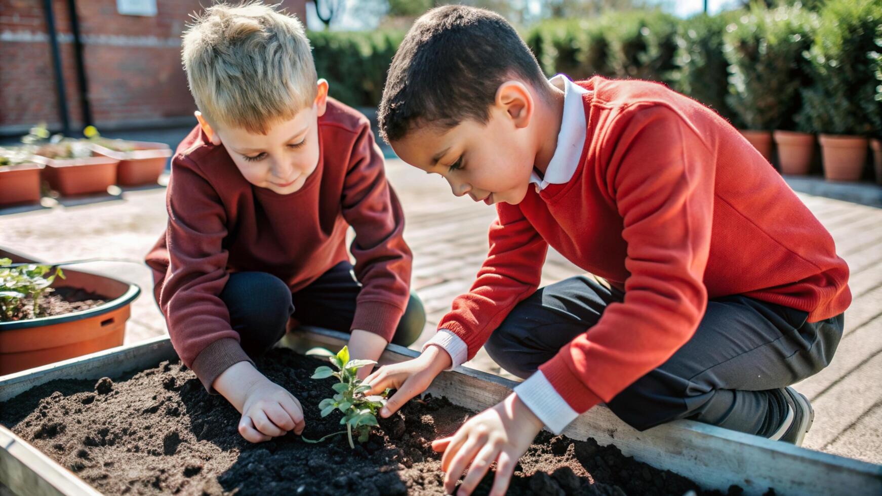 two schoolboys planting seedlings and doing gardening together in the school garden photo