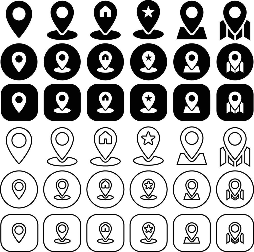 Location Icon Set Containing Map and Pin with Solid and Outline Collection. vector