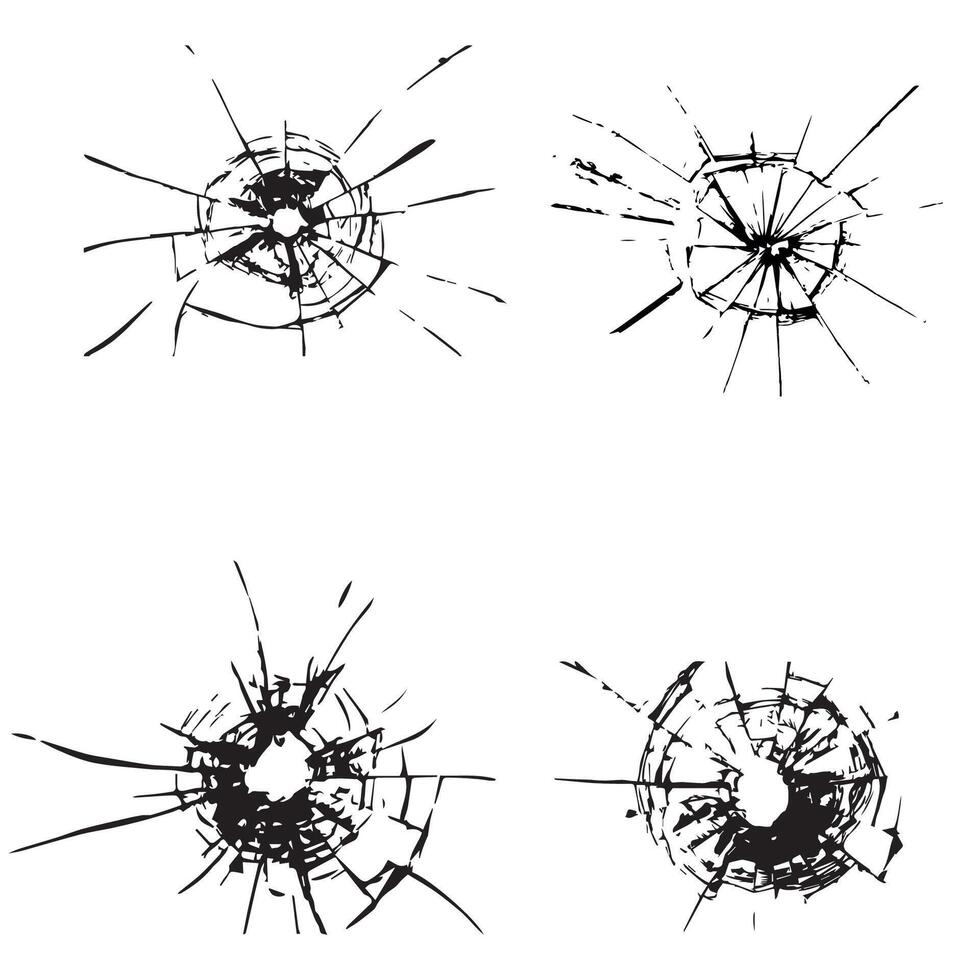 Cracked glass, broken windows and shattered glass texture silhouette set by bullets vector