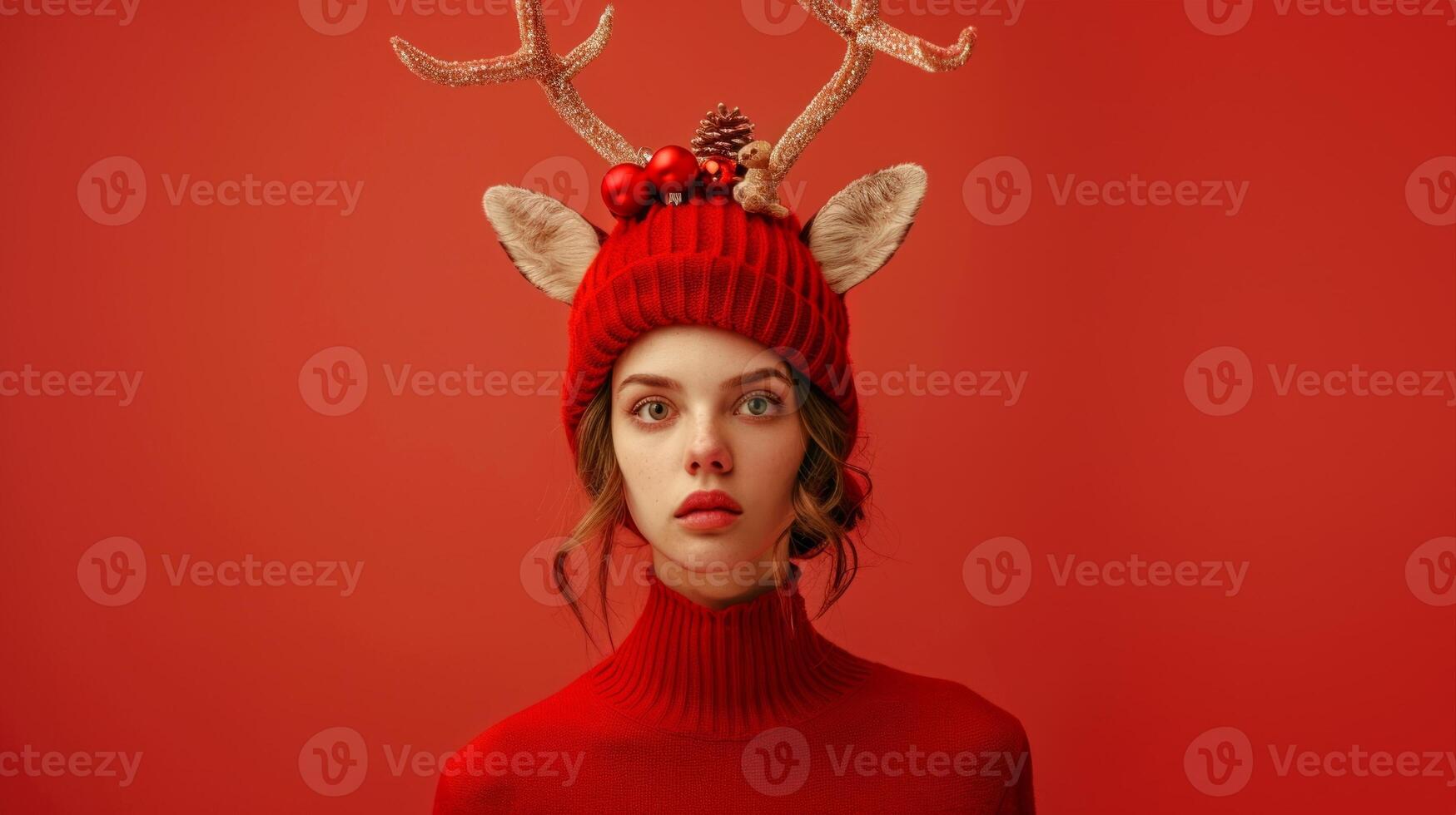 Caucasian woman wearing a reindeer hat on red background. Concept of holiday season, Christmas fashion, festive apparel, winter celebration. Copy space photo