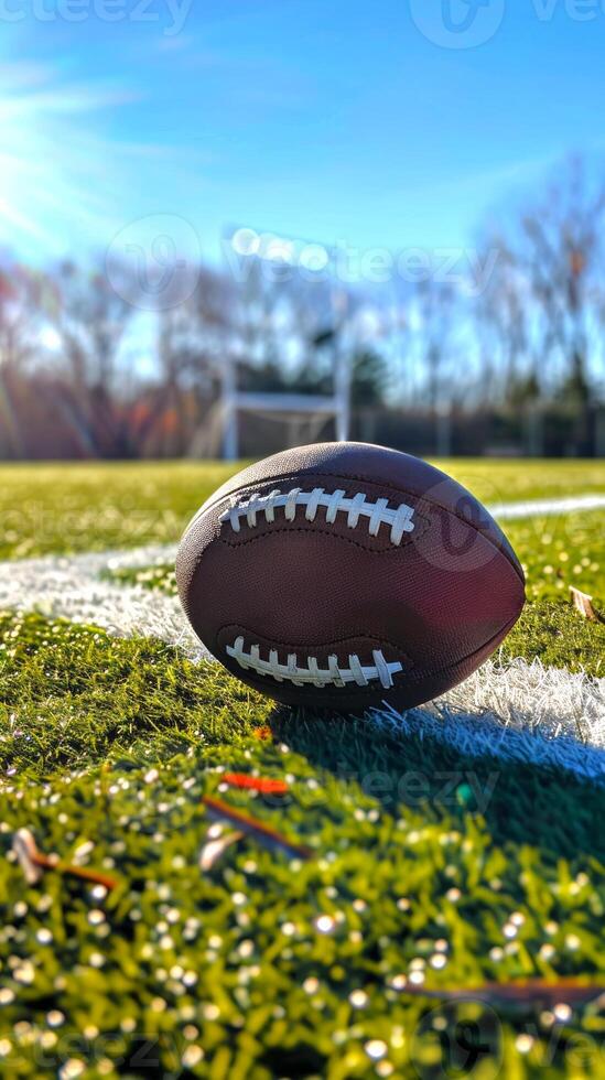 American football on a grassy field with goalposts in the background. Concept of sports, outdoor activity, football game, athletic equipment. Vertical photo