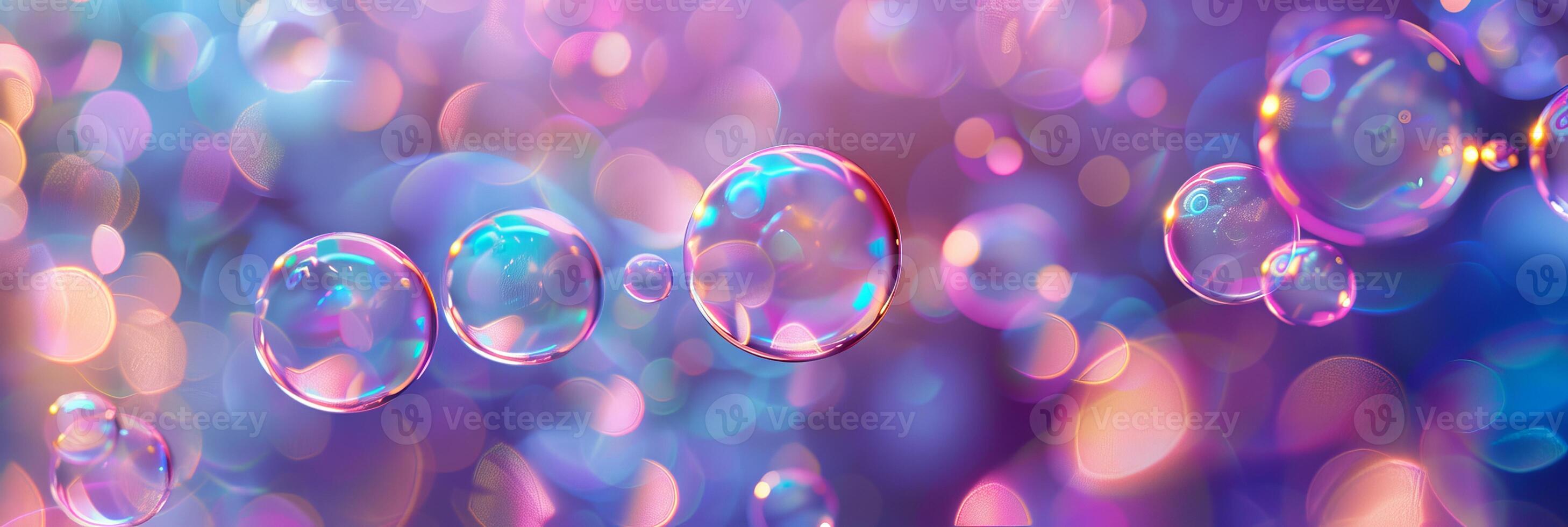 Abstract background with multiple soap bubbles in a colorful defocused bokeh. Concept of iridescent spheres, light, playful, vibrant photo
