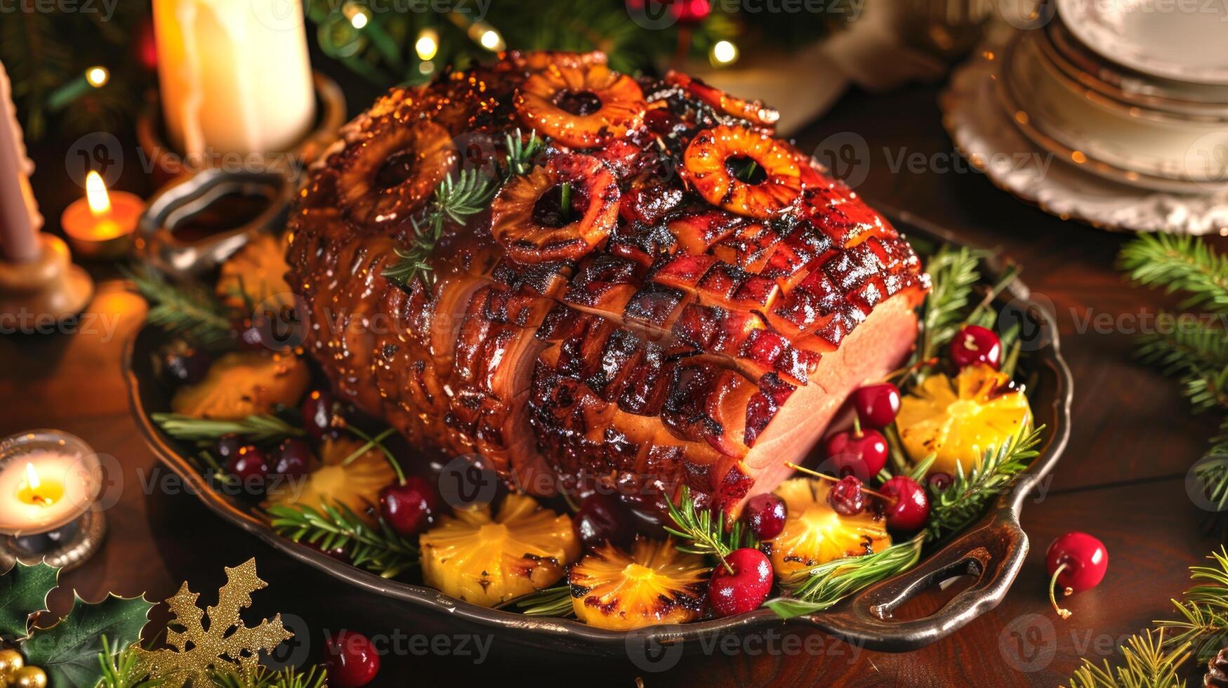Glazed ham garnished with pineapple rings and cherries, set on a festive holiday table with candles and greenery. Concept of holiday meals, tradition, and celebration photo