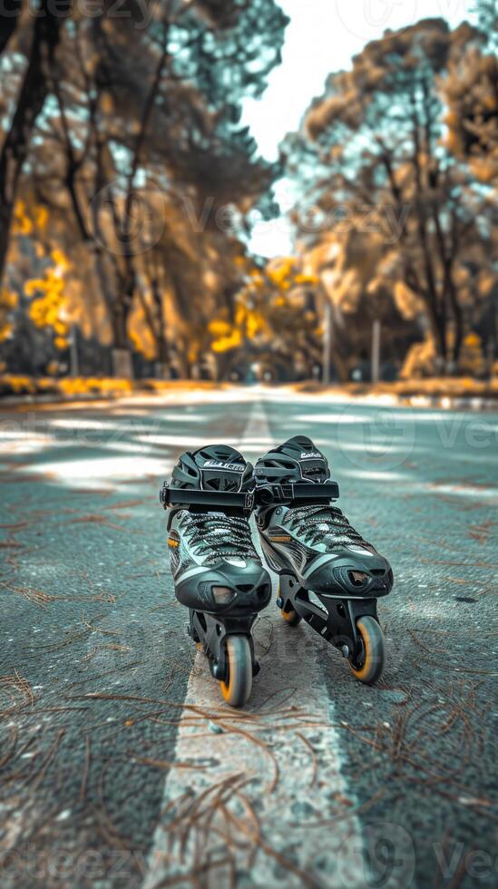 Inline skates on a park pathway with autumn trees in the background. Concept of outdoor activity, rollerblading, leisure, nature. Vertical photo