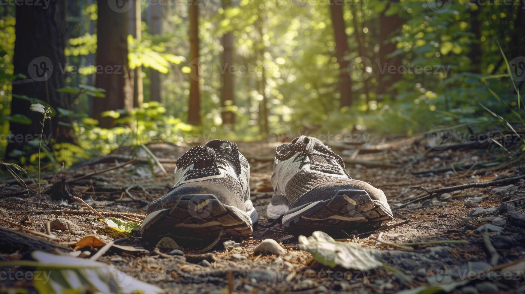 Running shoes on a forest trail path surrounded by lush greenery. Concept of outdoor exercise, fitness, healthy lifestyle, nature activities, sneakers photo