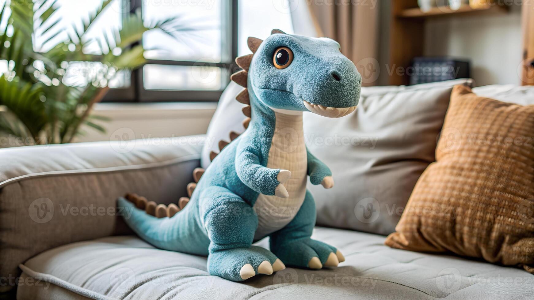 Adorable blue plush dinosaur stuffed toy in the living room photo