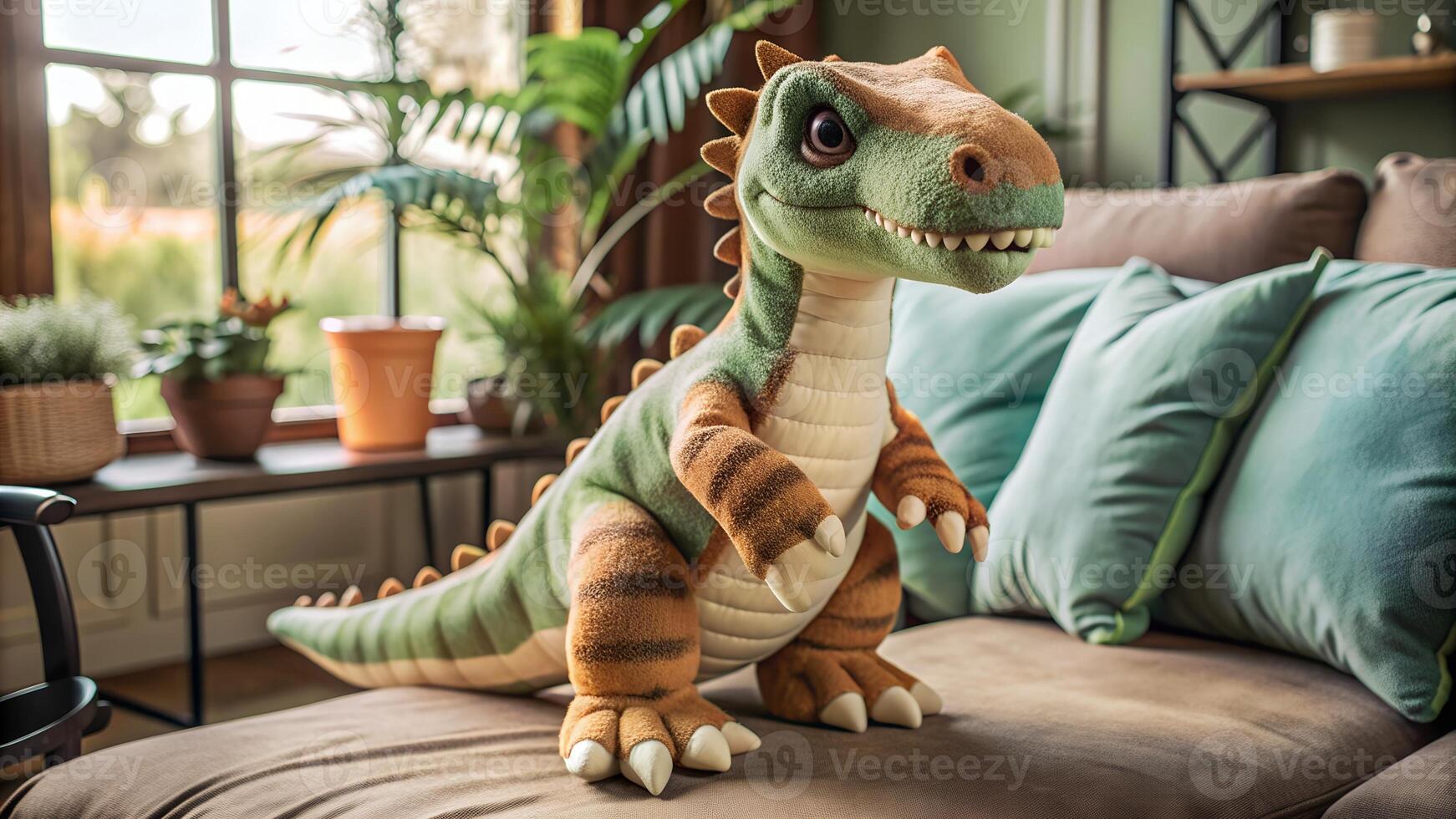 Adorable plush dinosaur stuffed toy in the living room photo