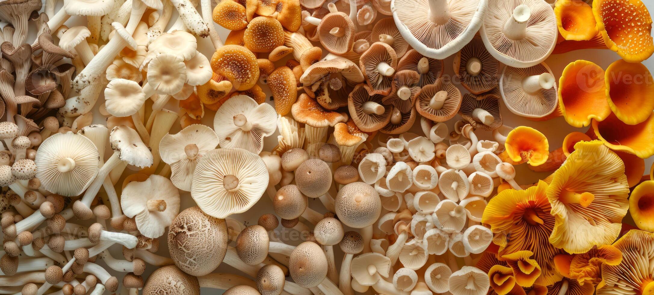 Assorted edible mushrooms spread out, highlighting diverse textures and colors. Concepts of organic food, natural ingredients, vegetarian cuisine. Autumn background. Banner. Copy space photo