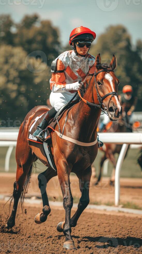Female jockey riding a racehorse on a racetrack. Concept of horse racing, sport, competition, equestrianism. Vertical photo