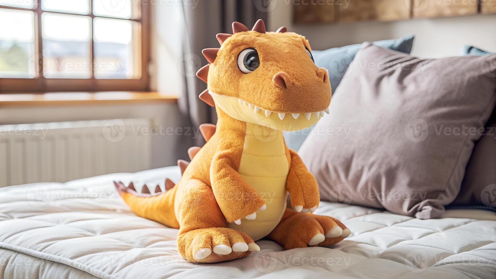 Adorable orange plush dinosaur stuffed toy in the living room photo