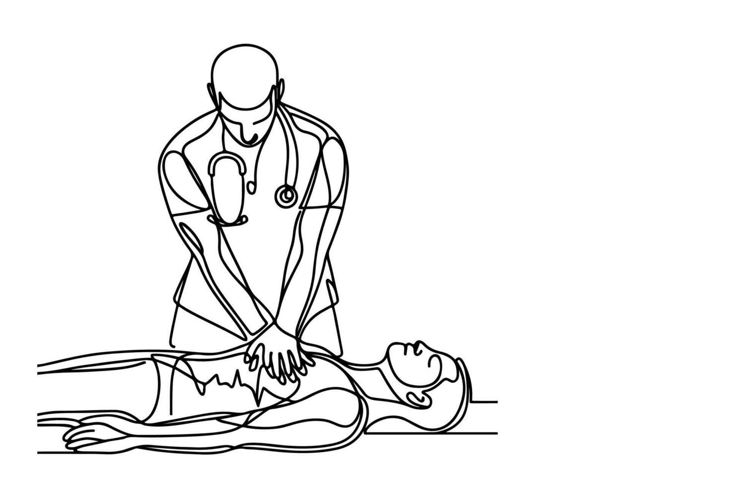 Continuous one black line drawing of CPR technique emergency and first aid class training vector