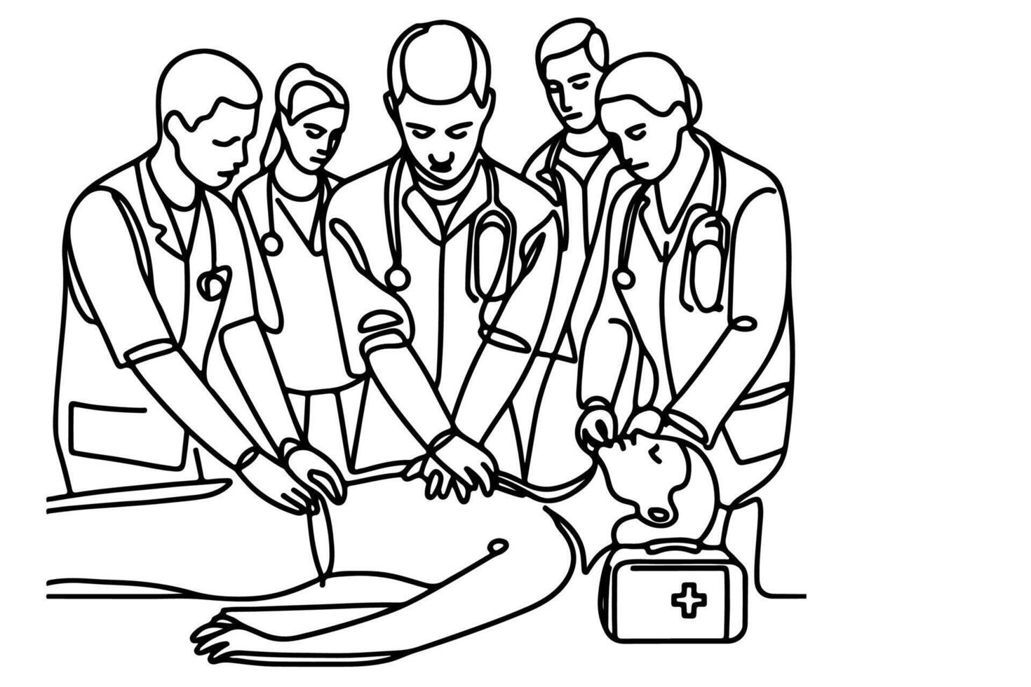 Continuous one black line drawing of CPR technique emergency and first aid class training vector