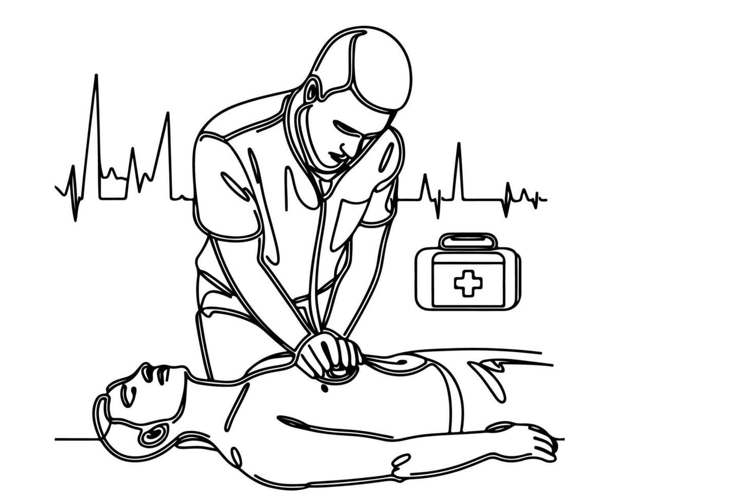 Continuous one black line drawing of CPR technique emergency and first aid class training vector