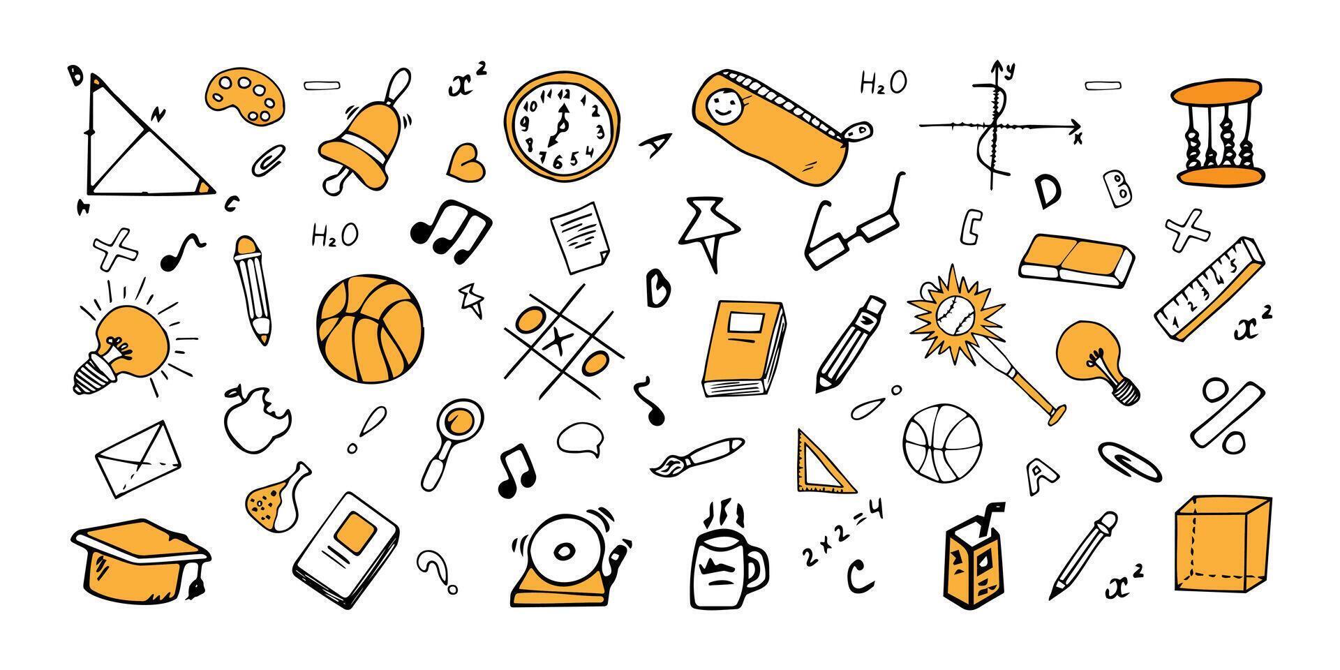 Back to School, Doodles. Set Office Supplies. Collection of Education Elements. Illustration Hand Drawn, Book, Clock, Cube, Bulb, Basketball, Book, pen, notes, Brush, Magnifying glass. vector