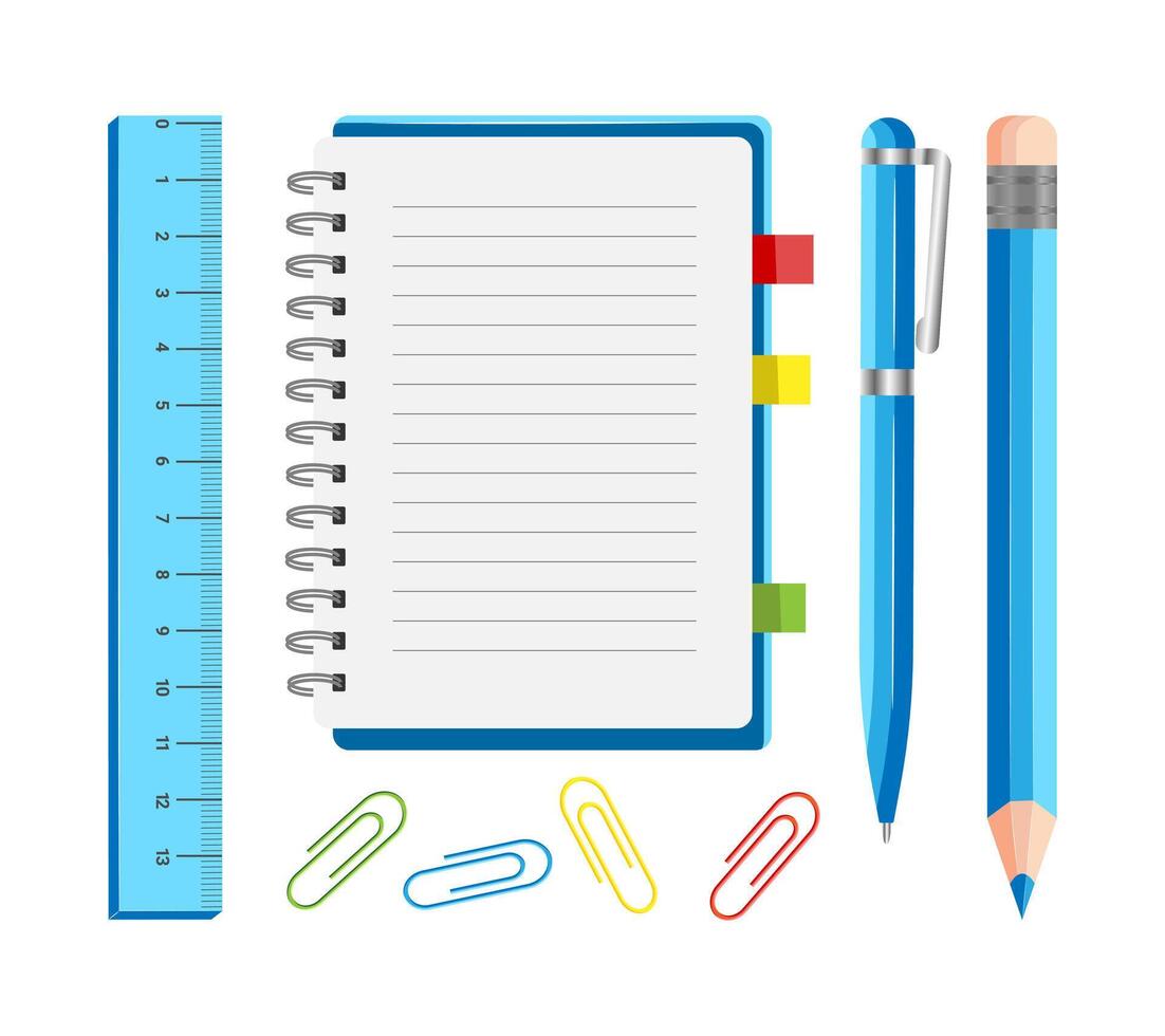 School Supplies Set Back to School. Collection of Flat Illustrations for Office. Design Elements for Banner, Poster, Website Online Education. vector