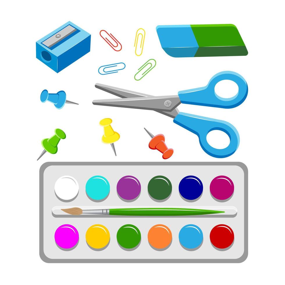 Collection of School Supplies Flat style on white background. Set Illustration Elements Back to School. Stickers for Banner, Poster, Online Education. vector