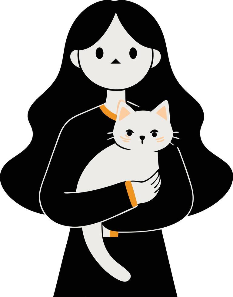 A cat on the lap of a young girl with long, dark hair vector