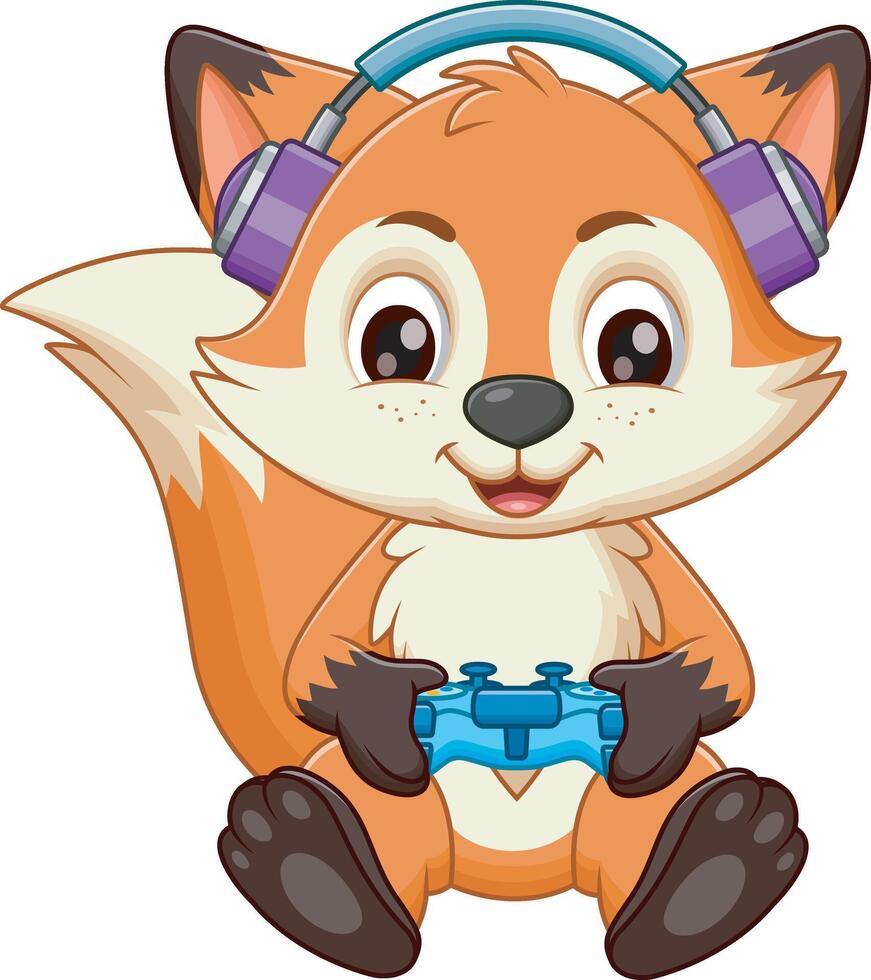 Cute Fox Gaming With Headphone And Console. Animal Gaming Icon Concept Isolated vector