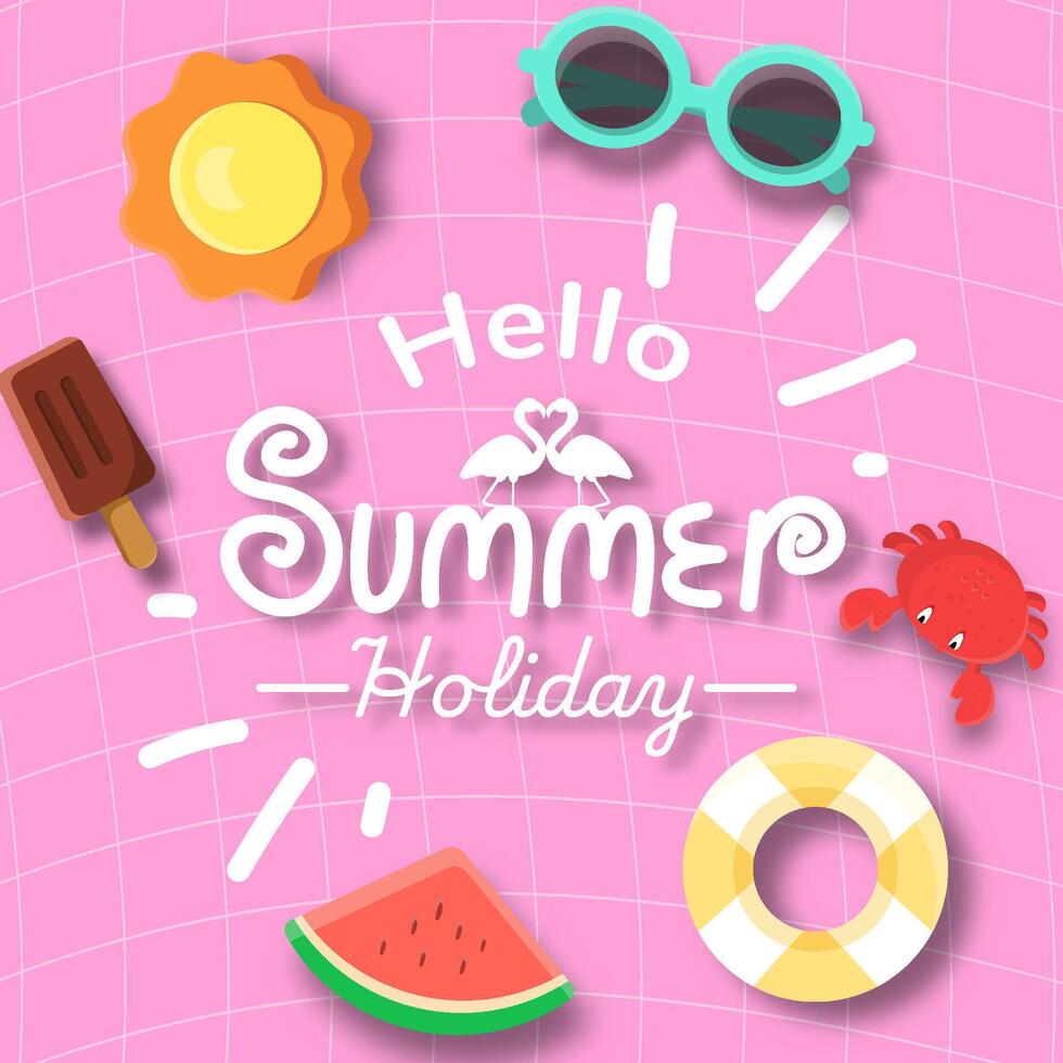 A colorful summer holiday poster with a pink background. The poster features a variety of summer-themed items such as sunglasses, a crab, a flamingo, a watermelon, and a beach ball vector