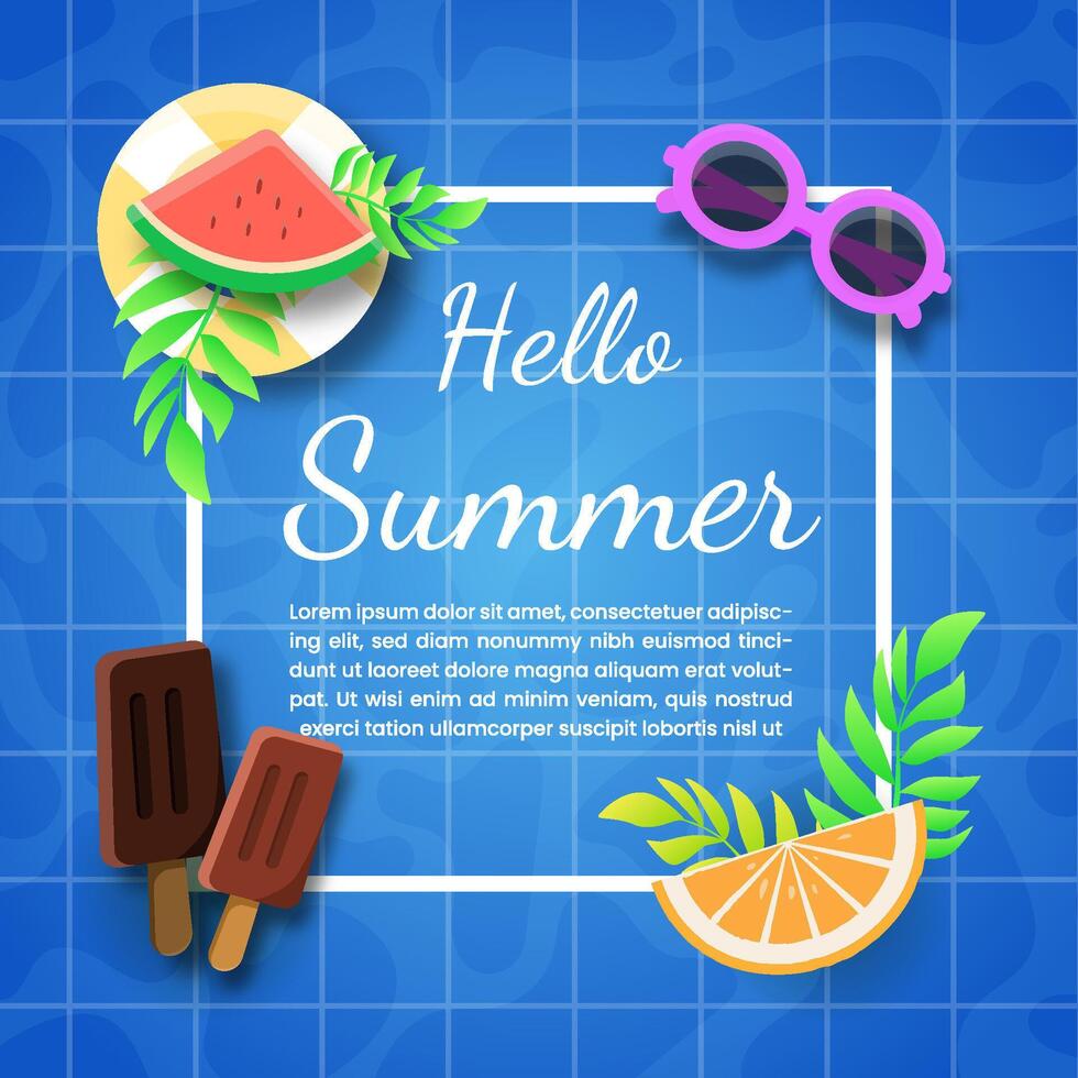 Happy Summer Day Greeting card, A blue background with a bunch of fruit and a sign that says Happy Summer Day Holiday Time vector