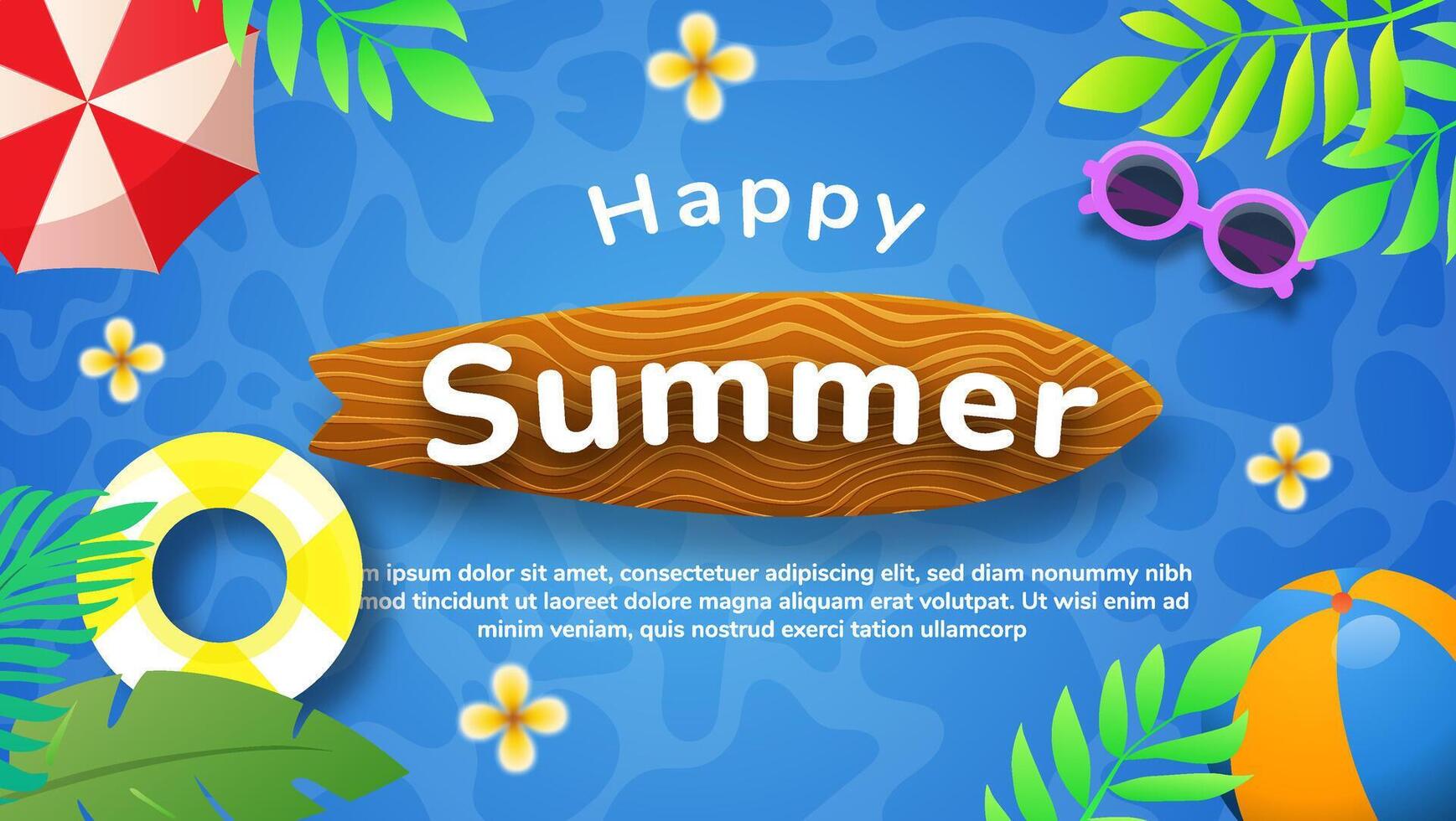 Happy summer holiday greeting card illustration, A blue background with a red and white umbrella vector