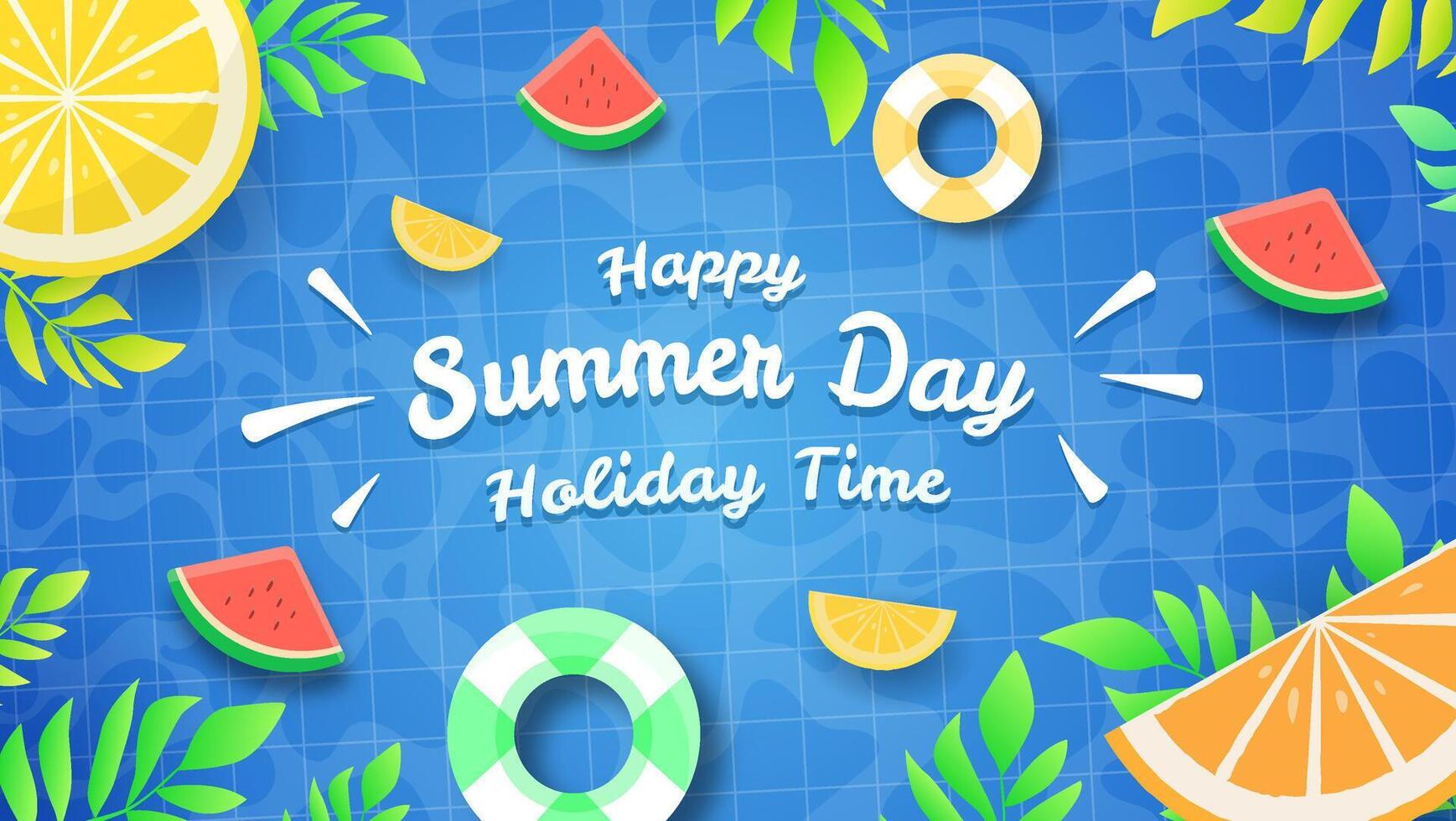 Happy Summer Day Greeting card, A blue background with a bunch of fruit and a sign that says Happy Summer Day Holiday Time vector