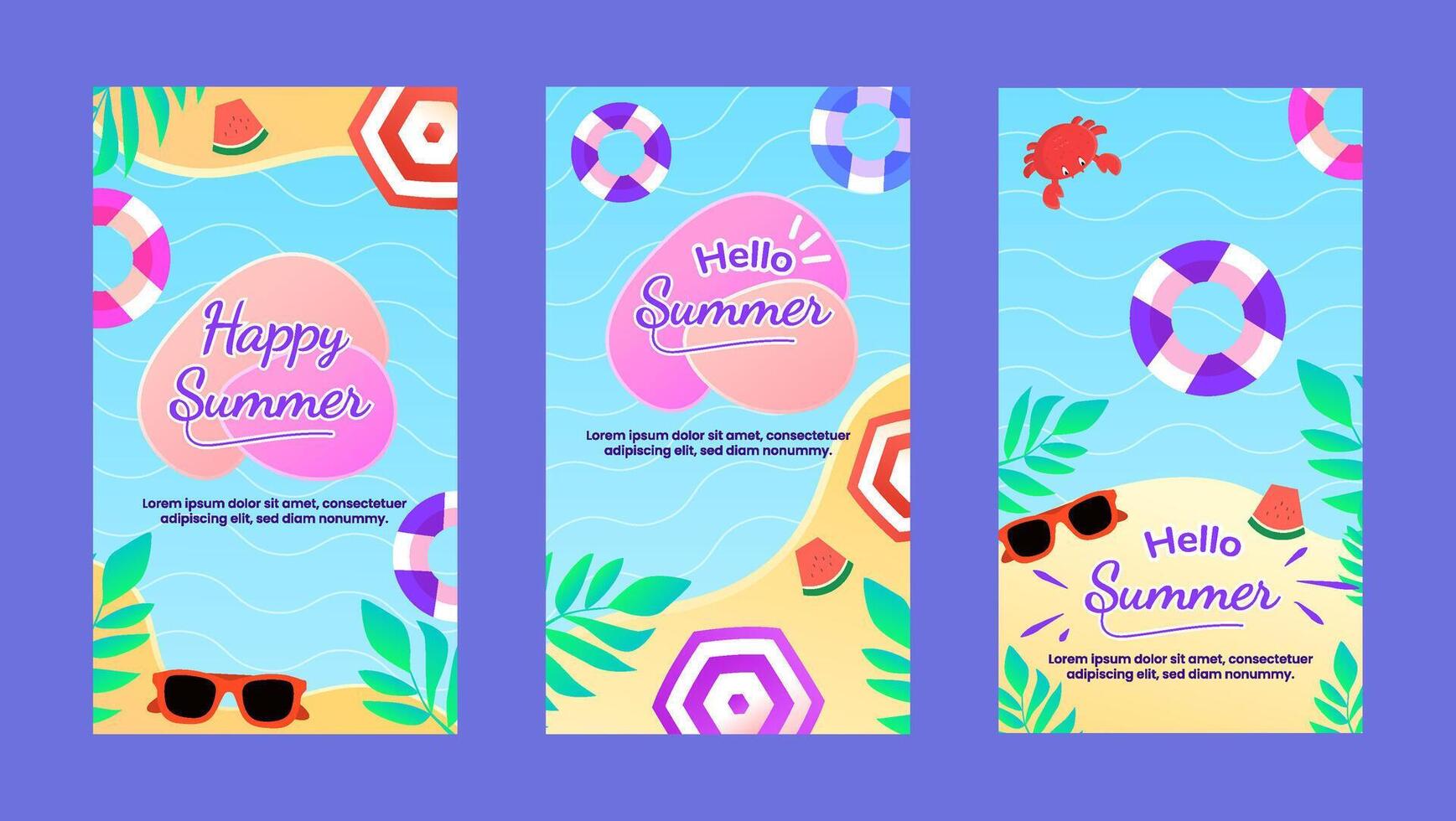 Summer flat design style for instagram story with various attractive shapes of summer elements vector