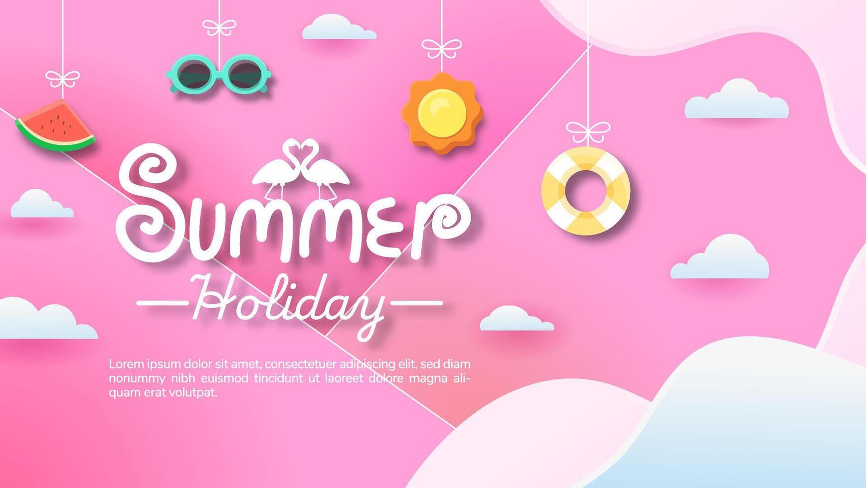 A colorful summer holiday poster with a pink background. The poster features a variety of summer-themed items such as sunglasses, a crab, a flamingo, a watermelon, and a beach ball vector
