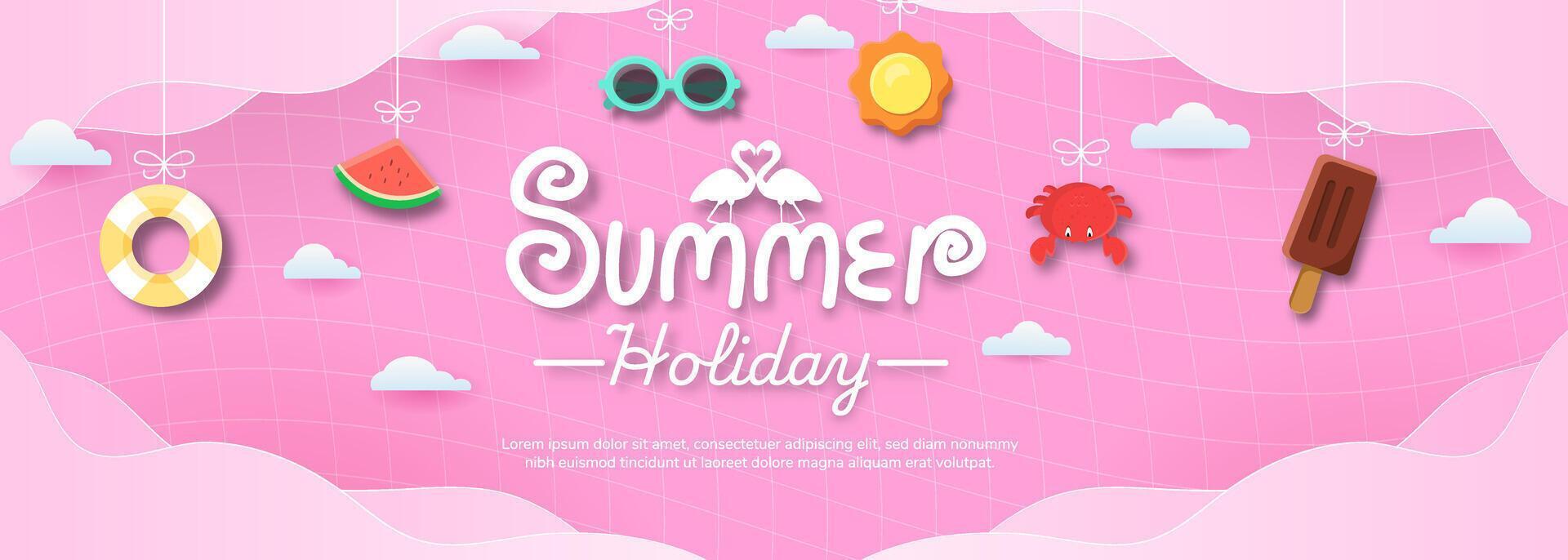 A colorful summer holiday poster with a pink background. The poster features a variety of summer-themed items such as sunglasses, a crab, a flamingo, a watermelon, and a beach ball vector