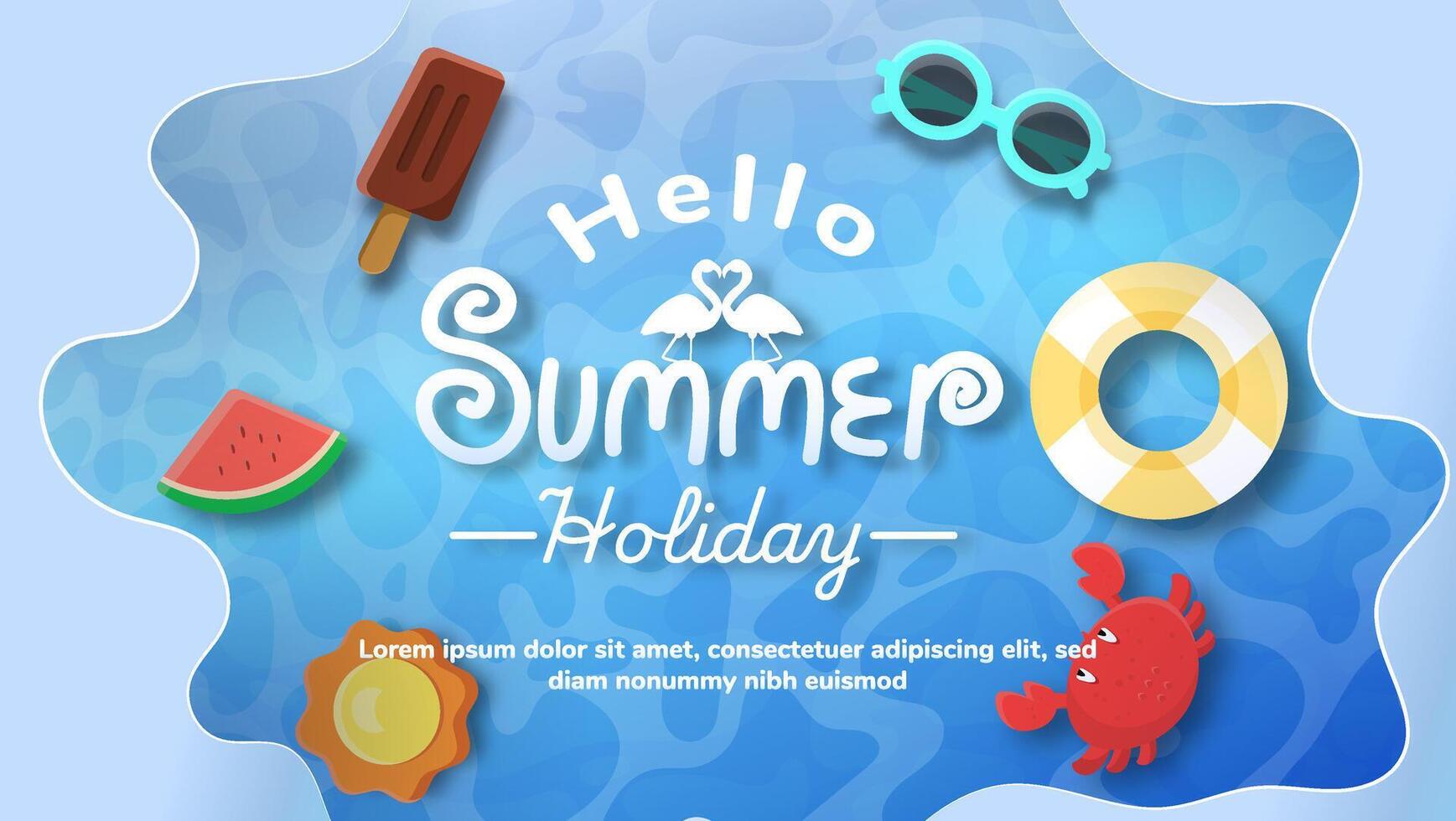 Happy Summer Day Greeting card, A blue background with a bunch of fruit and a sign that says Happy Summer Day Holiday Time vector