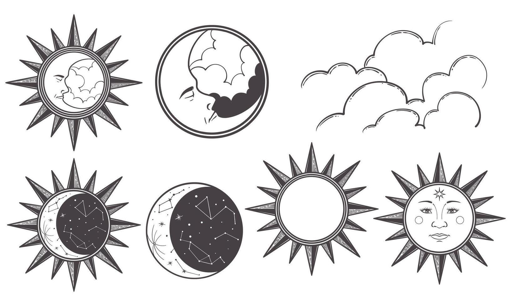 Set of sun, moon, stars, clouds, constellations and esoteric symbols. Alchemy mystical magic elements in black and white doodle vintage drawing style. vector