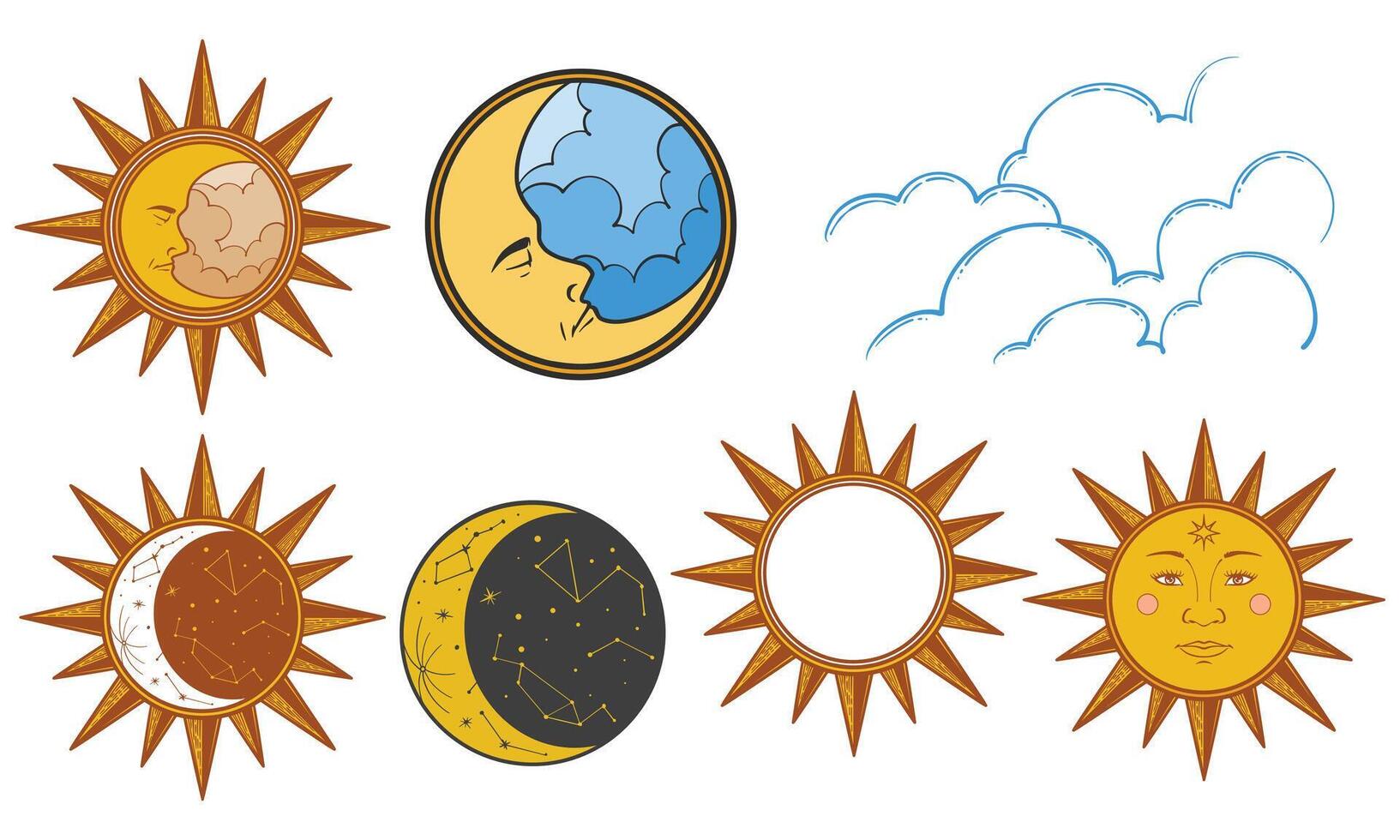 Set of sun, moon, stars, clouds, constellations and esoteric symbols. Alchemy mystical magic elements in colorful doodle vintage drawing style. vector
