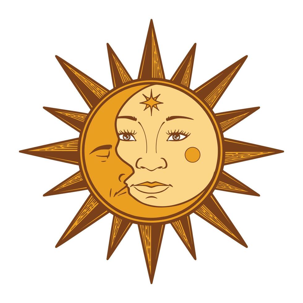 Hand drawn of sun esoteric symbol. Alchemy mystical magic elements in colorful doodle vintage drawing style. vector