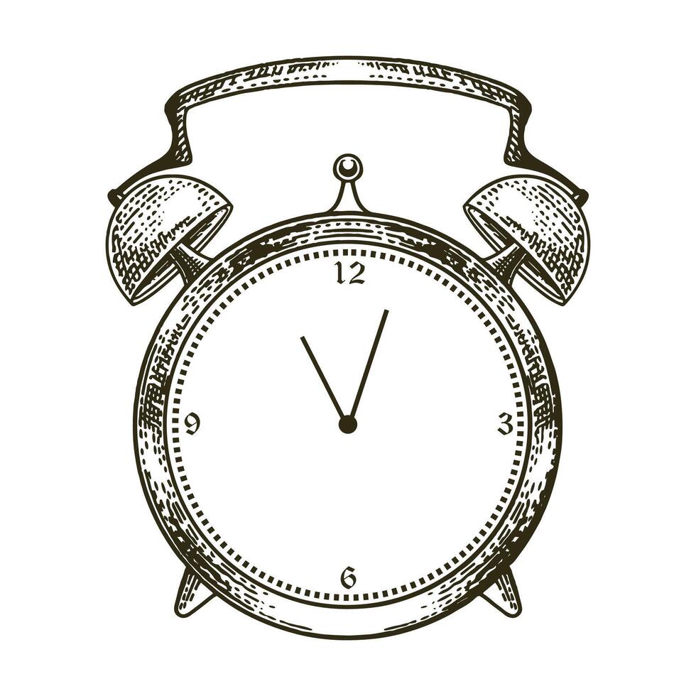 Hand drawn of alarm clock and watch. illustration in black and white doodle vintage drawing style. vector