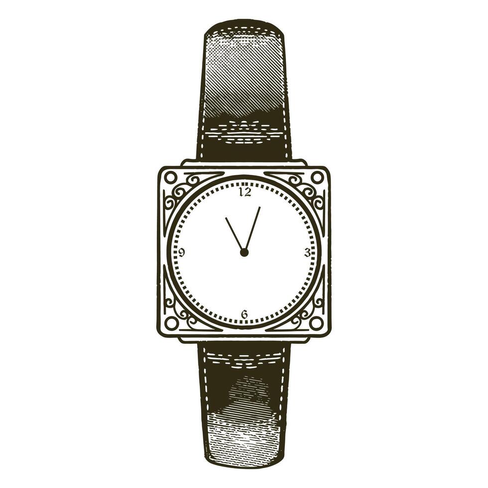 Hand drawn of clock and watch. illustration in black and white doodle vintage drawing style. vector