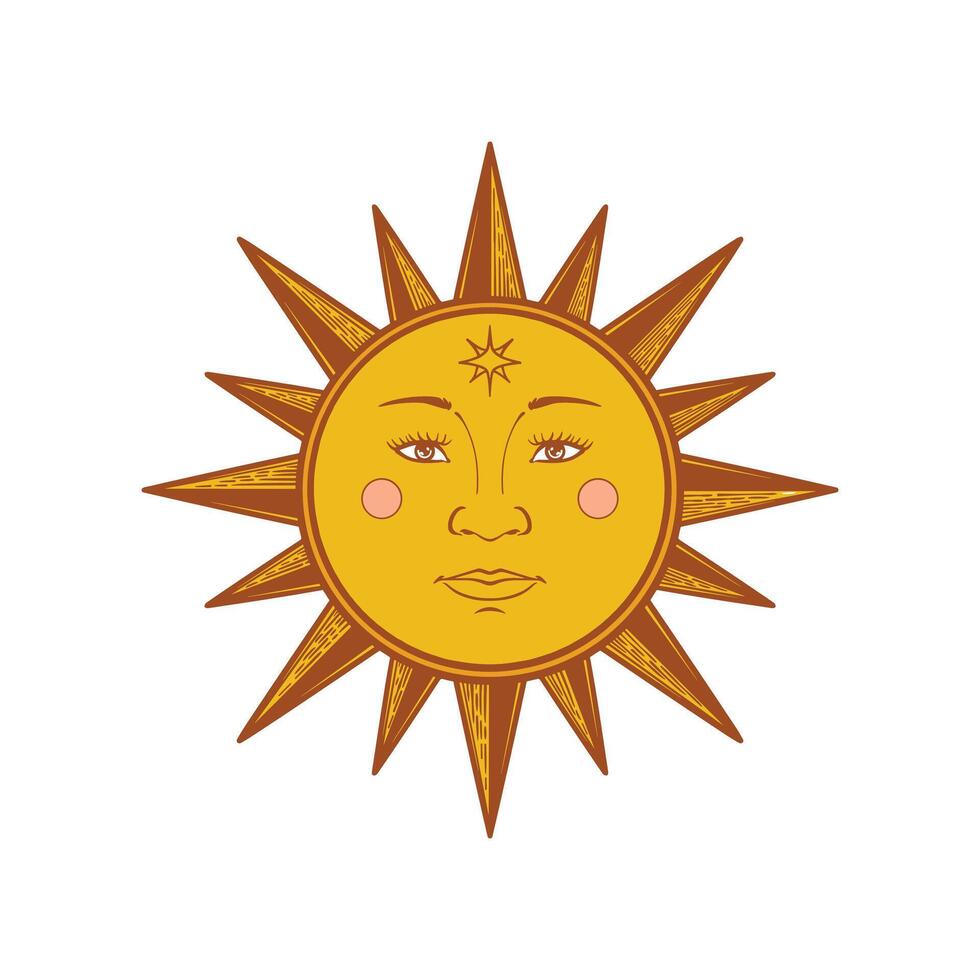 Hand drawn of sun esoteric symbol. Alchemy mystical magic elements in colorful doodle vintage drawing style. vector