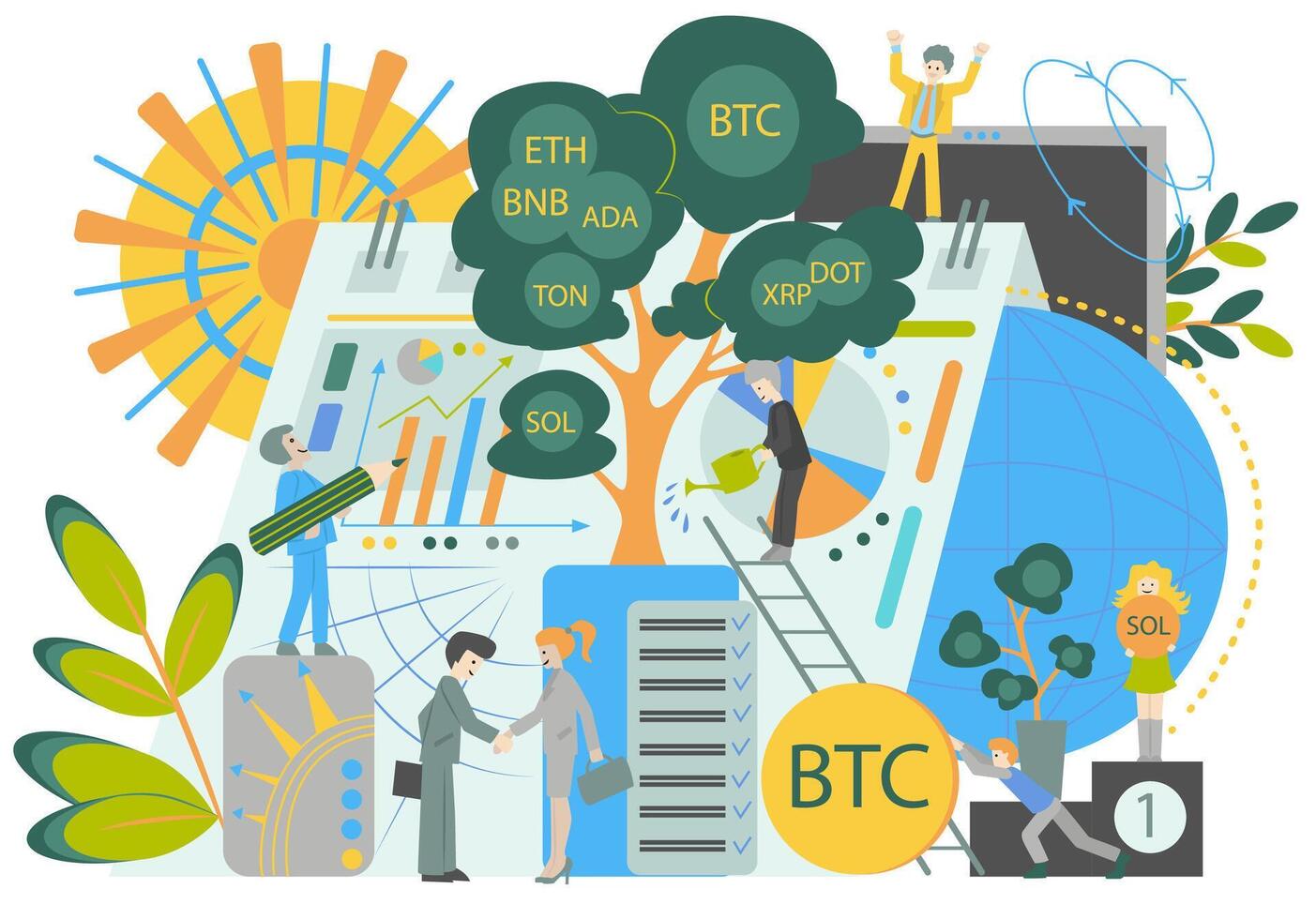Flat illustration with cryptocurrency marketplace and trading business people. Blockchain technology and crypto coin growth concept. Bitcoin and Financial Investment Experts discovering profit vector
