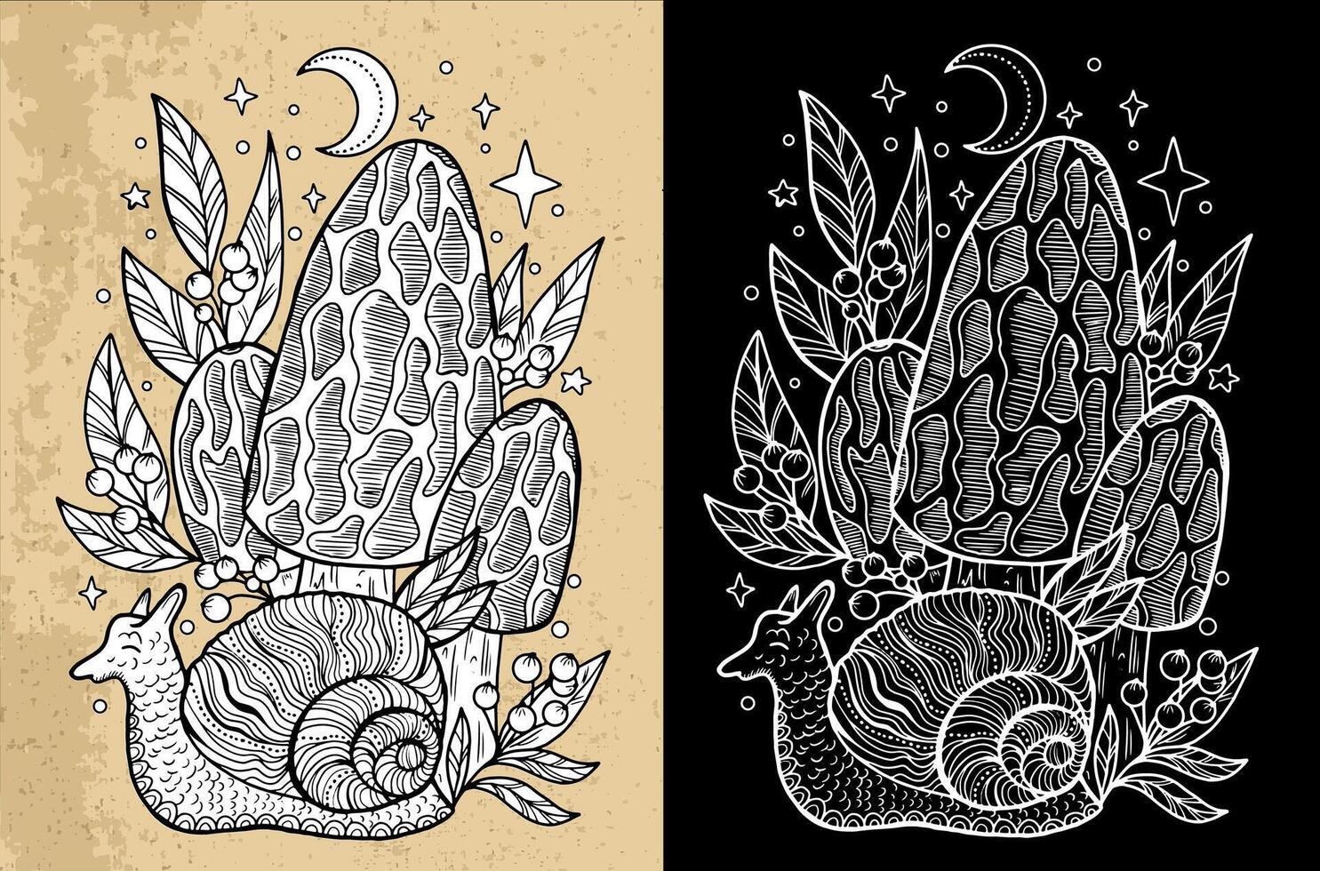 Black and white celestial mystic mushrooms with magic and floral decorative design elements, snail, witchcraft symbols. Esoteric and witchy objects, tattoo concept, hand drawn clipart vector
