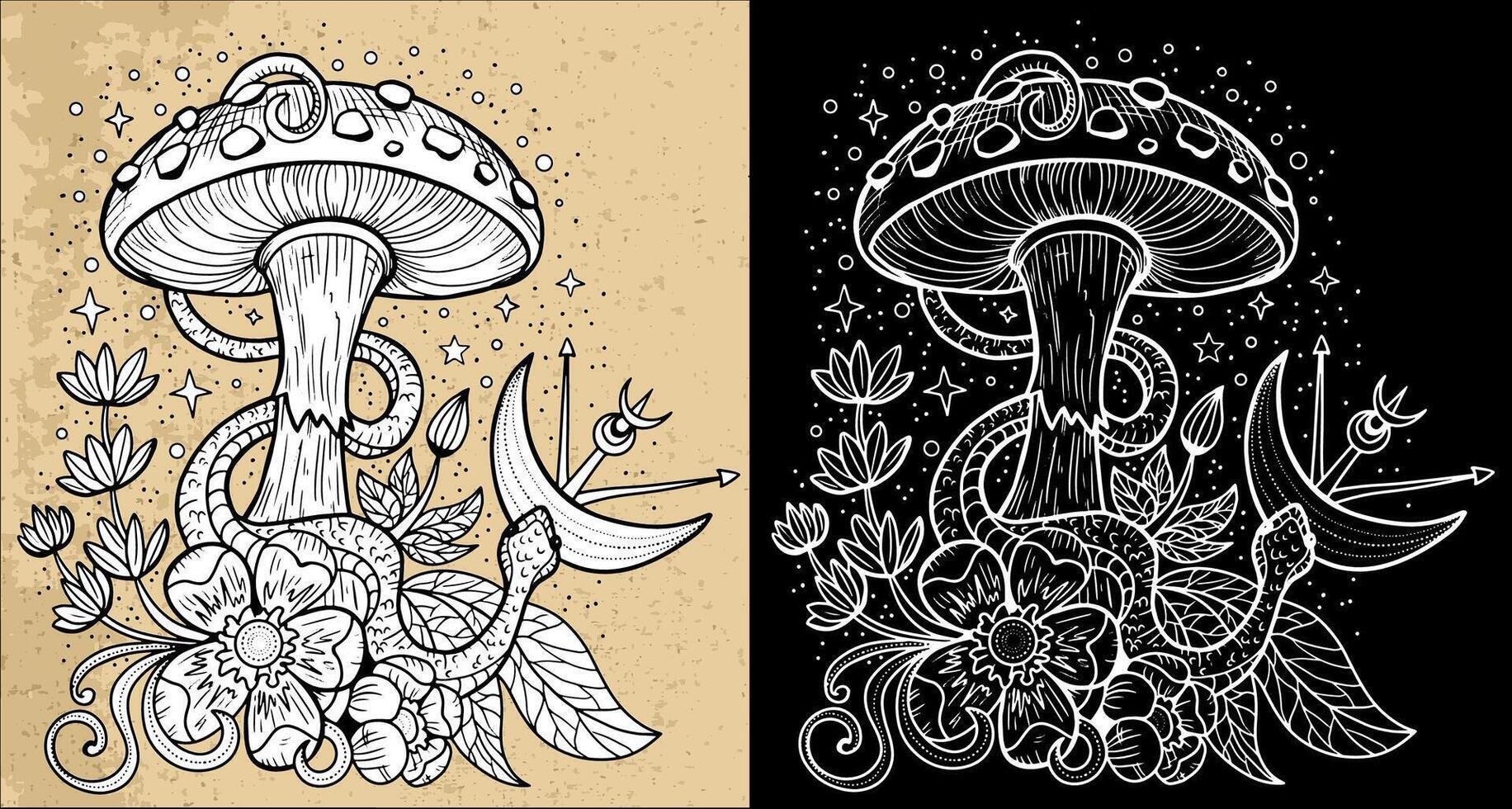 Black and white celestial mystic mushrooms with magic and floral decorative design elements, snake, witchcraft symbols. Esoteric and witchy objects, tattoo concept, hand drawn clipart vector