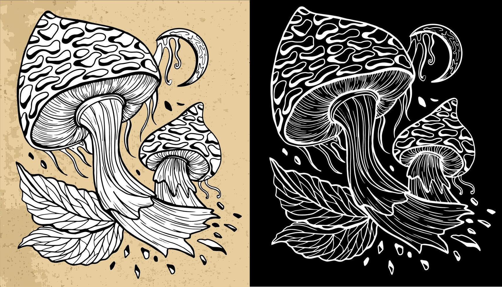 Black and white celestial mystic mushrooms with magic and floral decorative design elements, witchcraft symbols. Esoteric and witchy objects, tattoo concept, hand drawn clipart vector