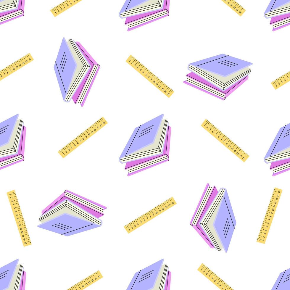 Flat Illustration. Back to School. School essential illustration. textbooks and ruler seamless pattern. vector