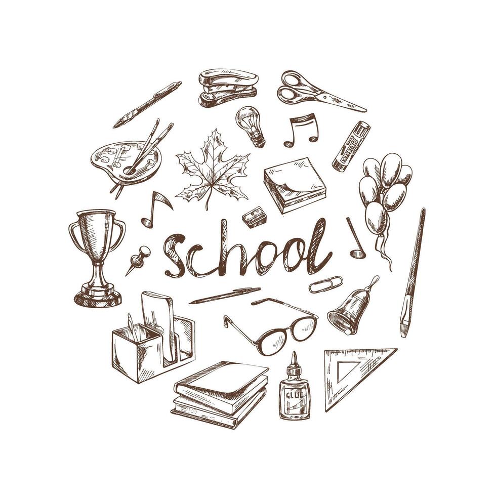 Back to School, hand drawn school supplies, sketch set in a circle. Doodle lettering and school object collection. Education Concept. Vintage sketch elements. Back to School. vector
