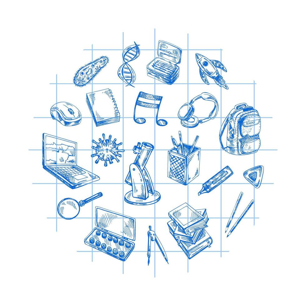 Back to School, hand drawn school supplies, sketch set in a circle. Doodle lettering and school object collection. Education Concept. Vintage sketch elements. Back to School. vector