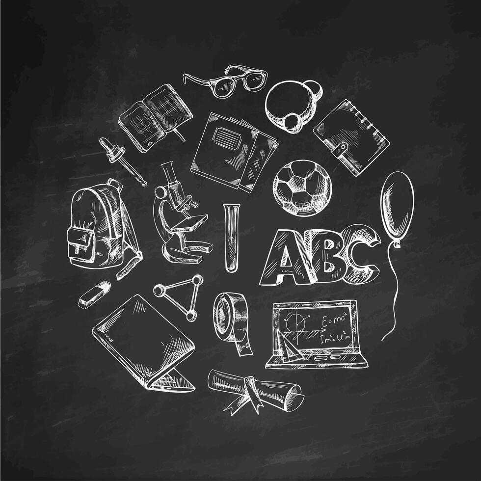 Back to School, hand drawn school supplies, sketch set in a circle. Doodle lettering and school object collection. Education Concept. Chalkboard background. Back to School. vector