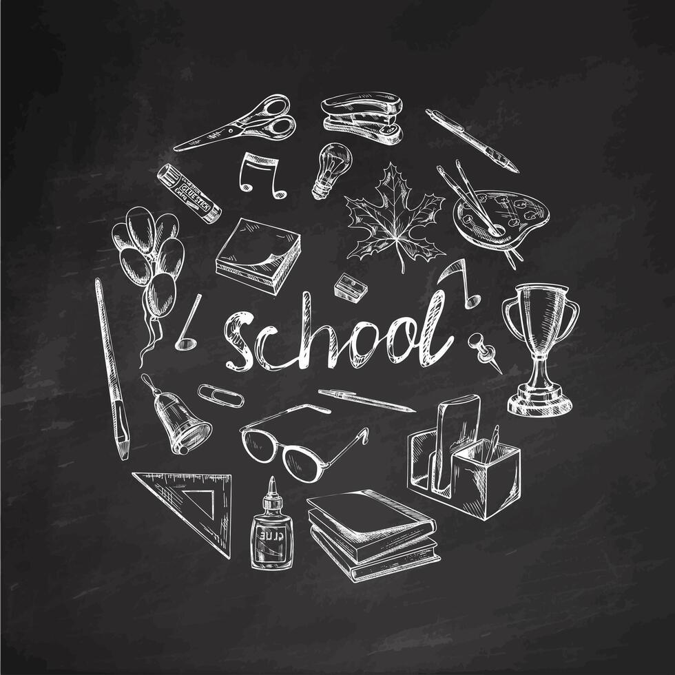 Back to School, hand drawn school supplies, sketch set in a circle. Doodle lettering and school object collection. Education Concept. Chalkboard background. Back to School. vector