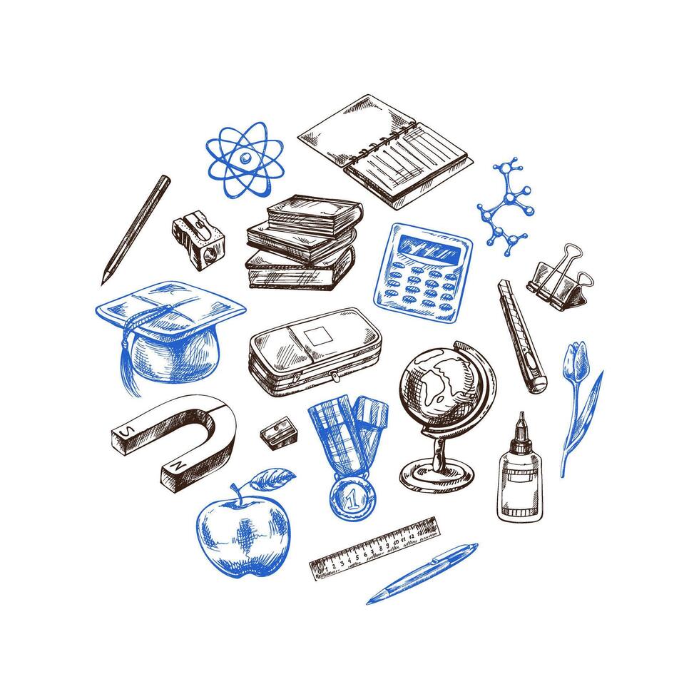 Back to School, hand drawn school supplies, sketch set in a circle. Doodle lettering and school object collection. Education Concept. Vintage sketch elements. Back to School. vector