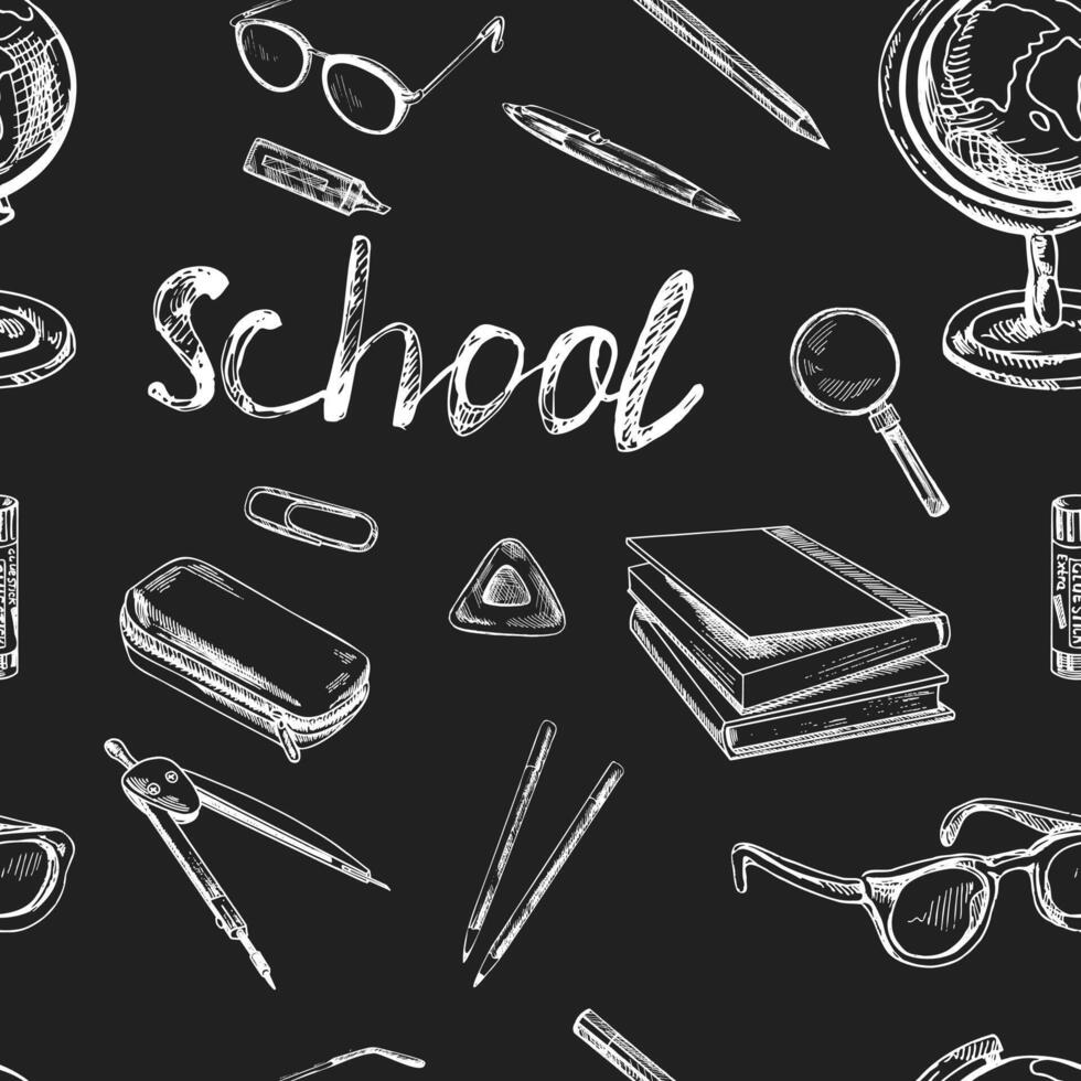 Back to School, hand drawn school supplies seamless pattern. Doodle lettering and school object collection. Education Concept. Chalkboard background. Back to School vector