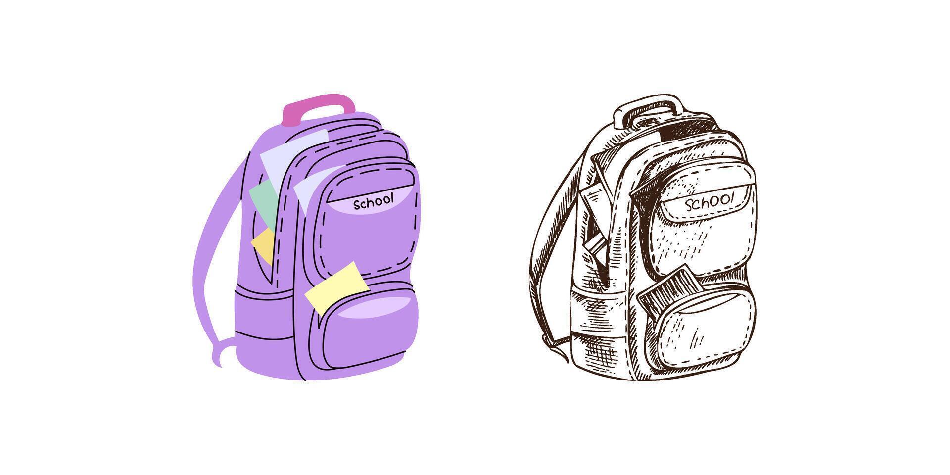 hand-drawn school Illustration. Detailed retro style and flat style backpack sketch. Back to School. vector