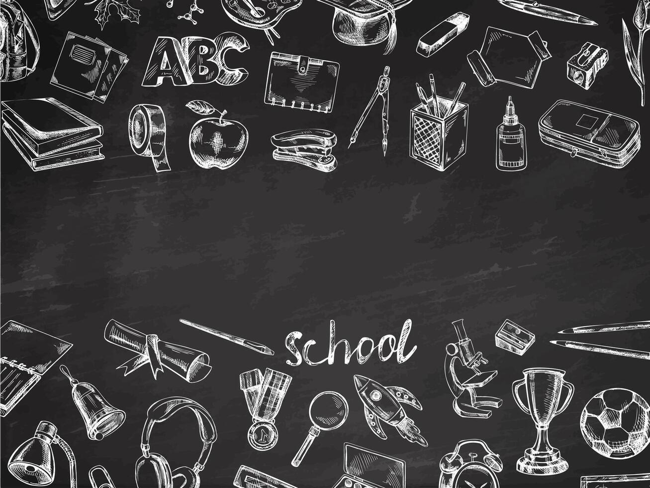 Back to School, hand drawn school supplies, template. Doodle lettering and school object collection. Education Concept. Vintage sketch element. Back to School. vector