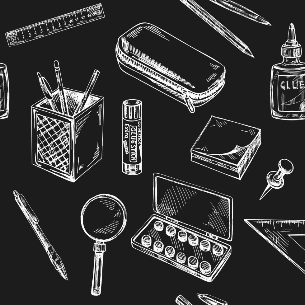Back to School, hand drawn school supplies seamless pattern. Doodle lettering and school object collection. Education Concept. Chalkboard background. Back to School vector